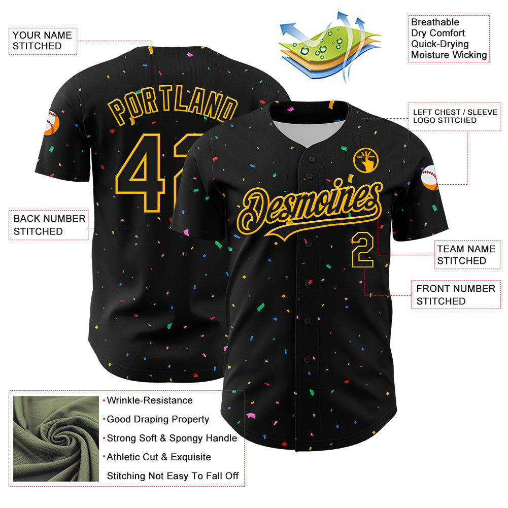 Custom Black Gold 3D Pattern Design Confetti Authentic Baseball Jersey baseball jersey product view 3