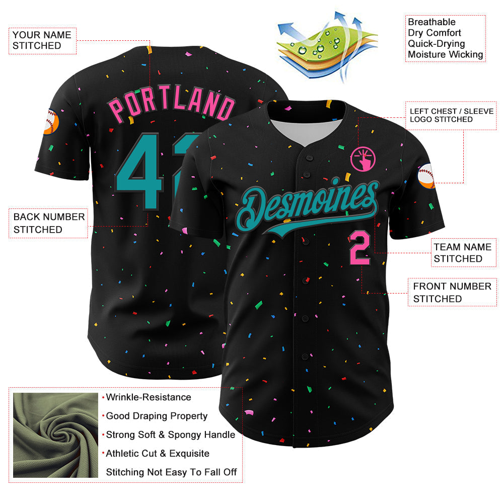 Custom Black Aqua-Pink 3D Pattern Design Confetti Authentic Baseball Jersey baseball jersey product view 3