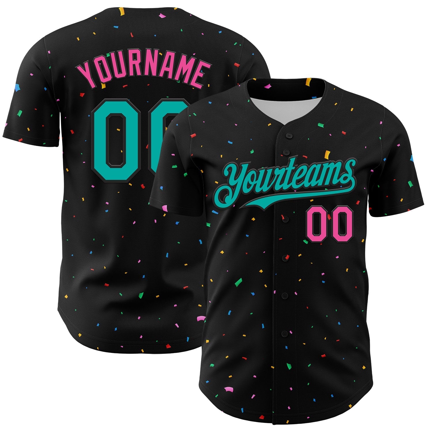 Custom Black Aqua-Pink 3D Pattern Design Confetti Authentic Baseball Jersey baseball jersey product view 1