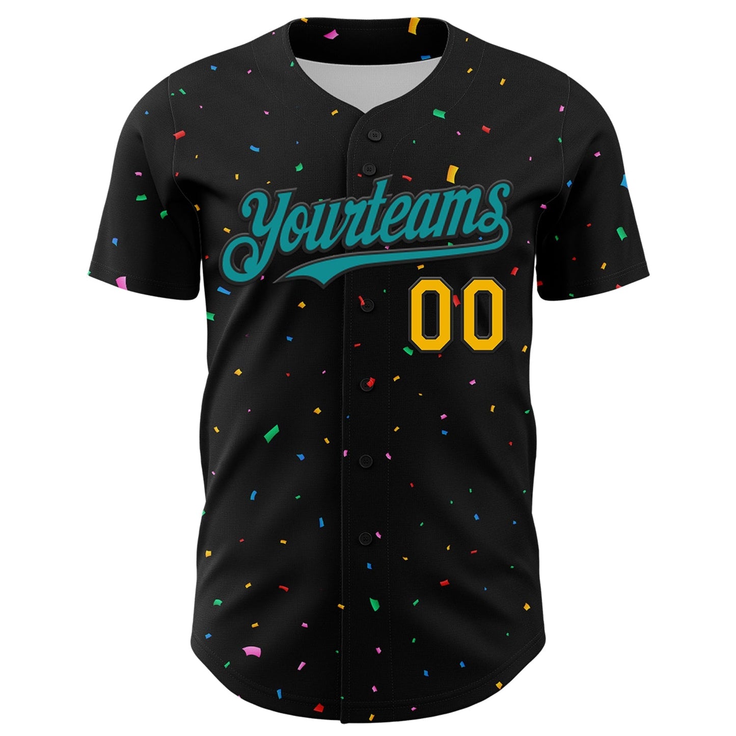 Custom Black Teal-Gold 3D Pattern Design Confetti Authentic Baseball Jersey baseball jersey product view 2