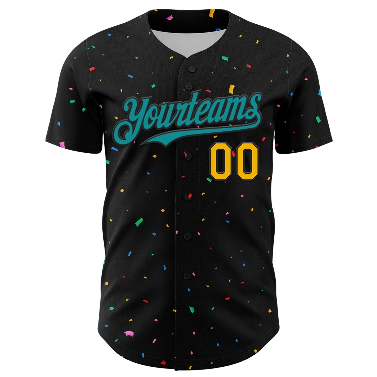 Custom Black Teal-Gold 3D Pattern Design Confetti Authentic Baseball Jersey baseball jersey product view 2