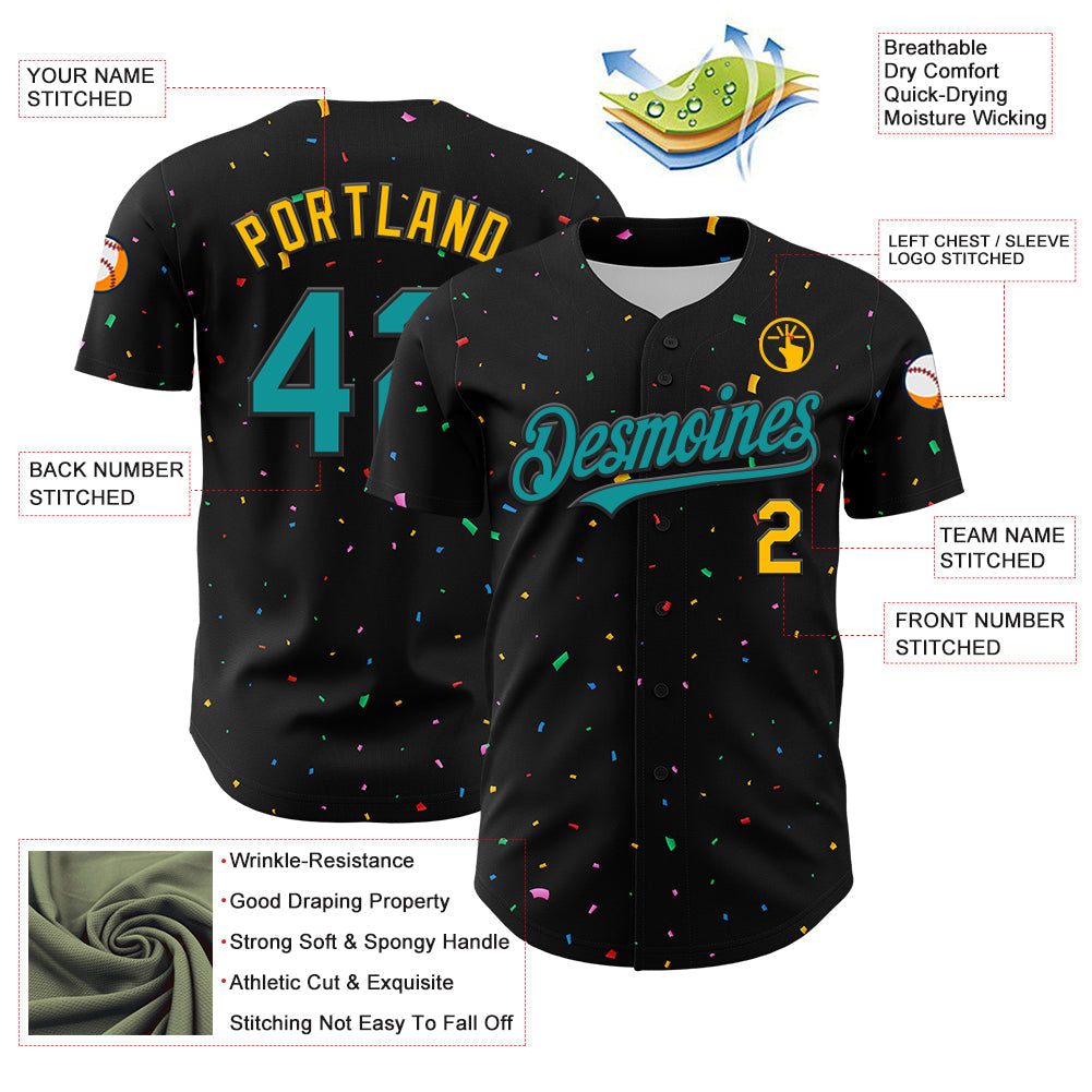 Custom Black Teal-Gold 3D Pattern Design Confetti Authentic Baseball Jersey baseball jersey product view 3