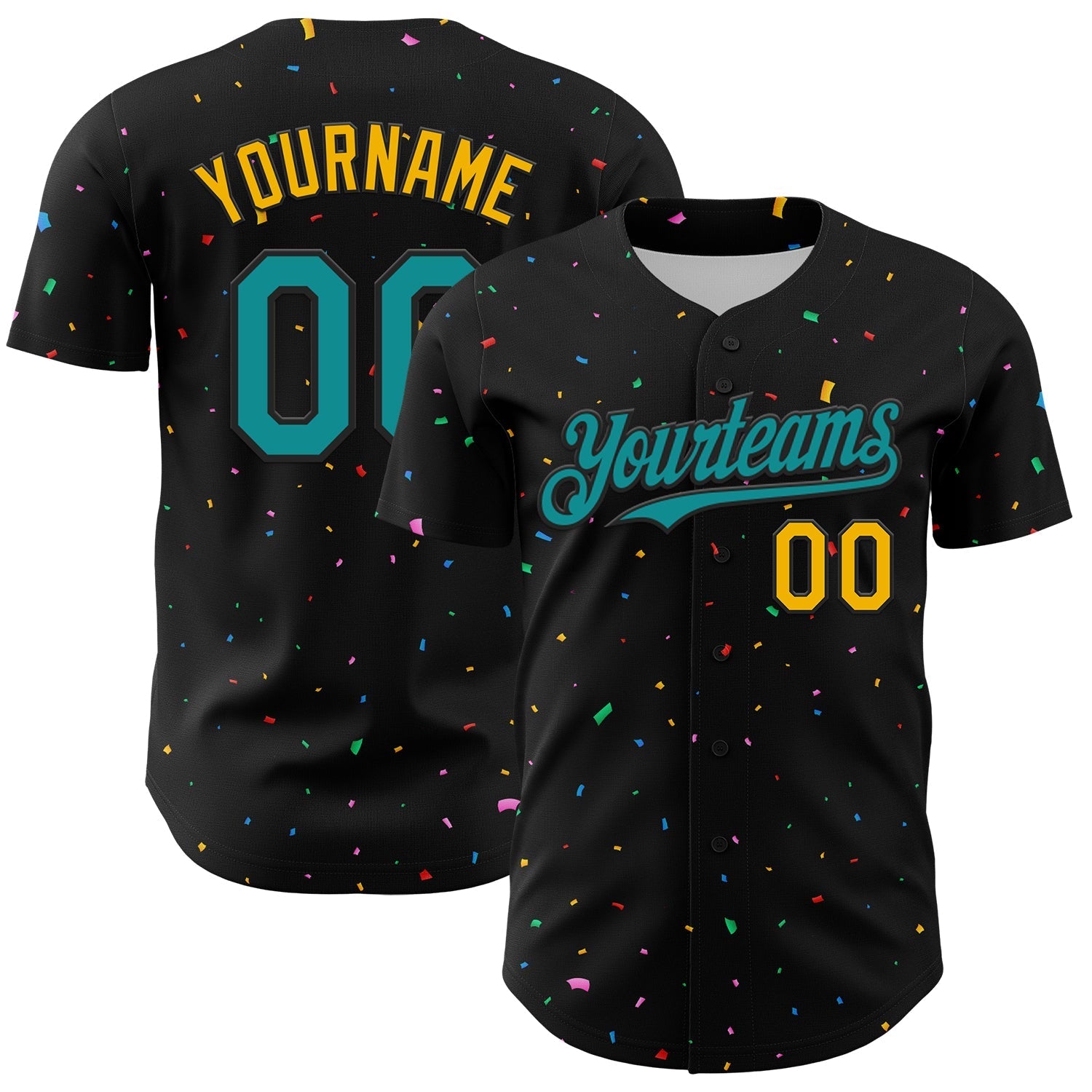 Custom Black Teal-Gold 3D Pattern Design Confetti Authentic Baseball Jersey baseball jersey product view 1