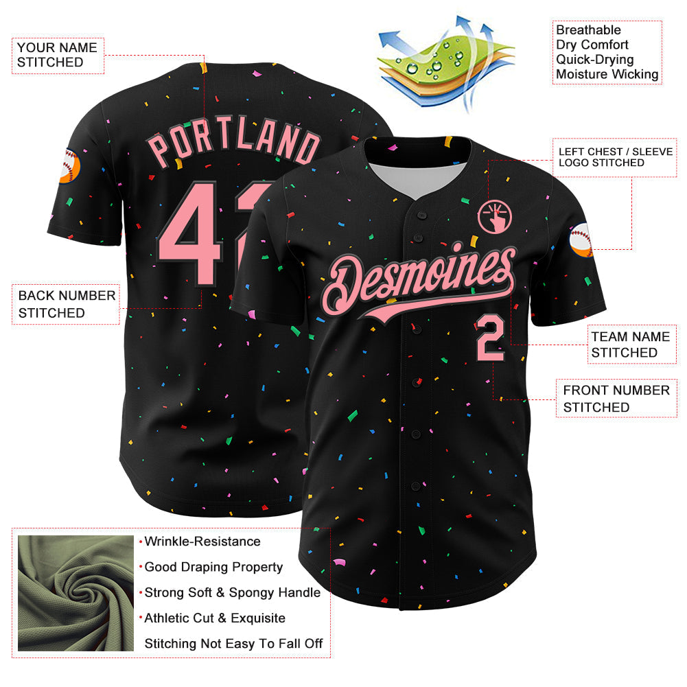 Custom Black Medium Pink 3D Pattern Design Confetti Authentic Baseball Jersey baseball jersey product view 3