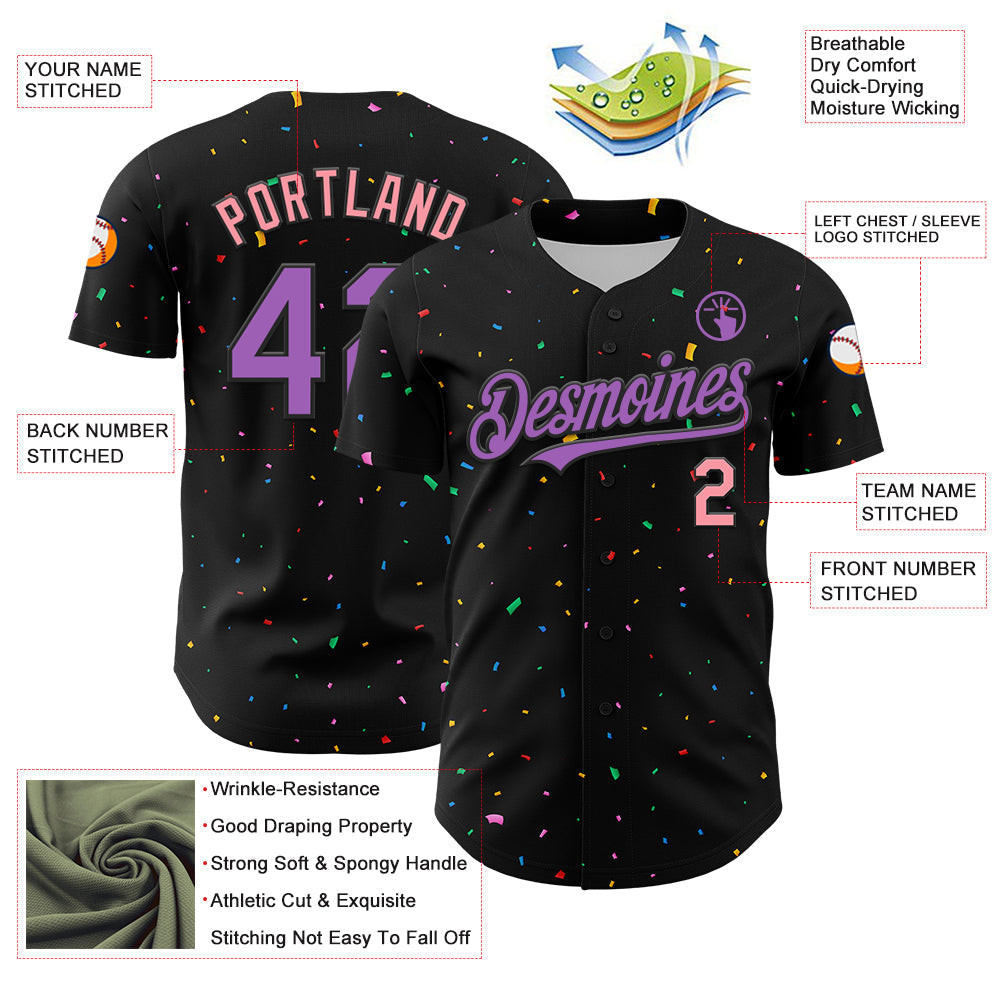 Custom Black Medium Purple-Medium Pink 3D Pattern Design Confetti Authentic Baseball Jersey baseball jersey product view 3