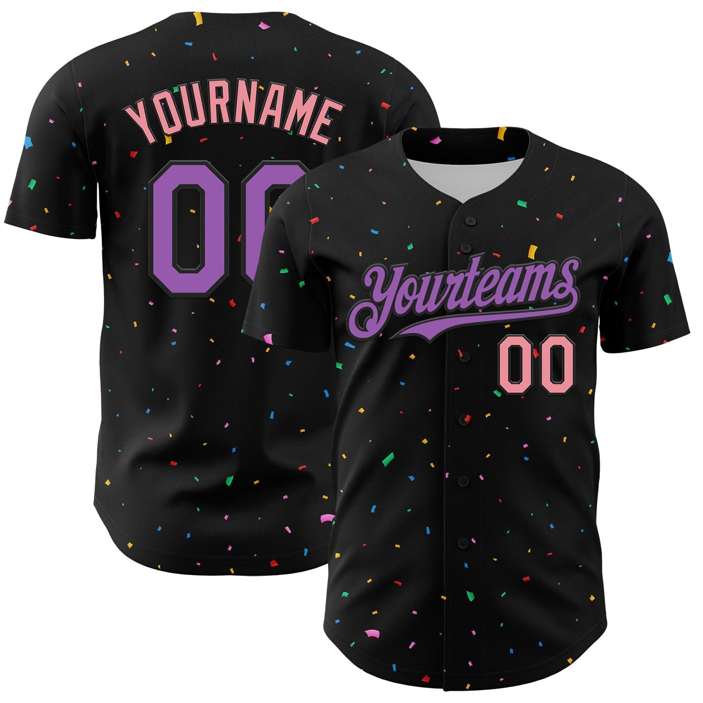 Custom Black Medium Purple-Medium Pink 3D Pattern Design Confetti Authentic Baseball Jersey baseball jersey product view 1