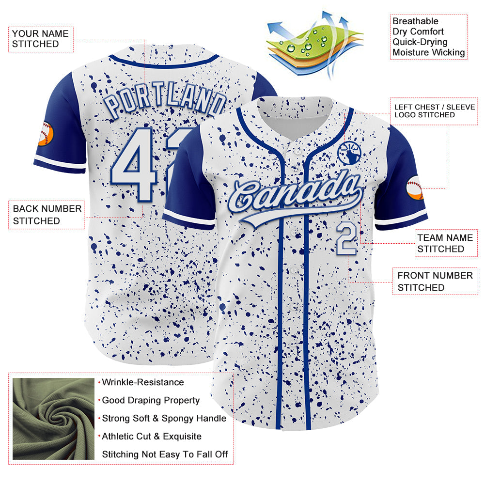 Custom White Royal 3D Pattern Design Abstract Splatter Ink Authentic Baseball Jersey baseball jersey product view 3