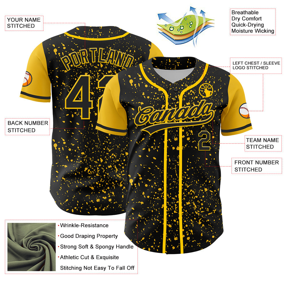 Custom Black Yellow 3D Pattern Design Abstract Splatter Ink Authentic Baseball Jersey baseball jersey product view 3