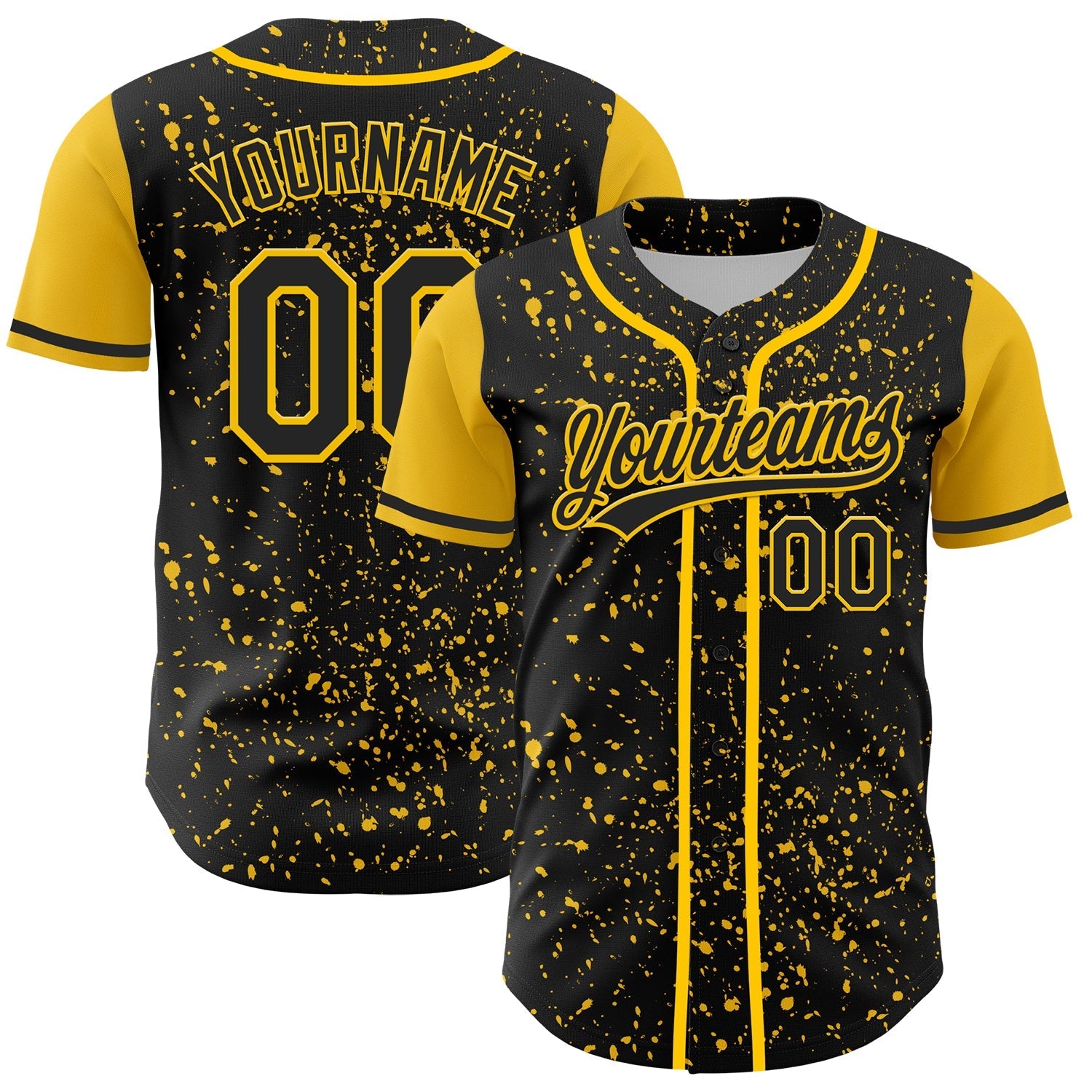 Custom Black Yellow 3D Pattern Design Abstract Splatter Ink Authentic Baseball Jersey baseball jersey product view 1