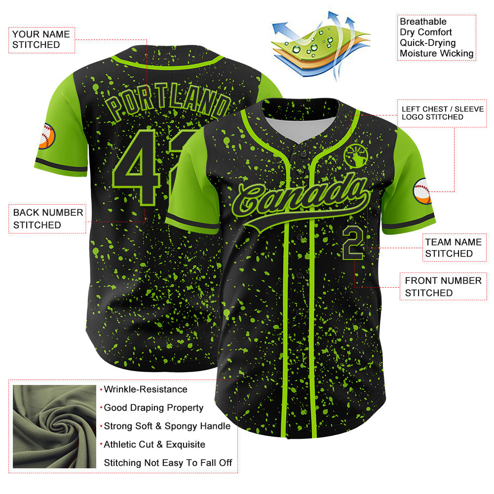 Custom Black Neon Green 3D Pattern Design Abstract Splatter Ink Authentic Baseball Jersey baseball jersey product view 3