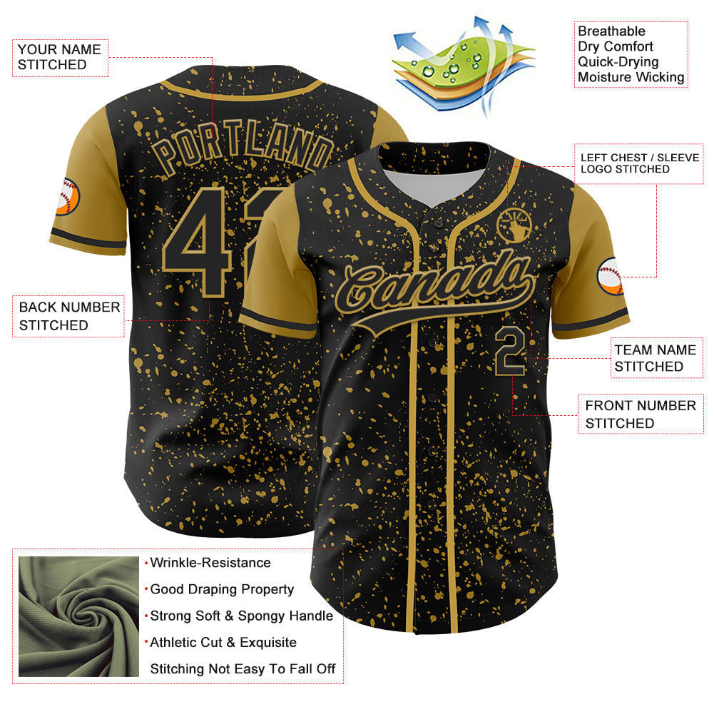 Custom Black Old Gold 3D Pattern Design Abstract Splatter Ink Authentic Baseball Jersey baseball jersey product view 3
