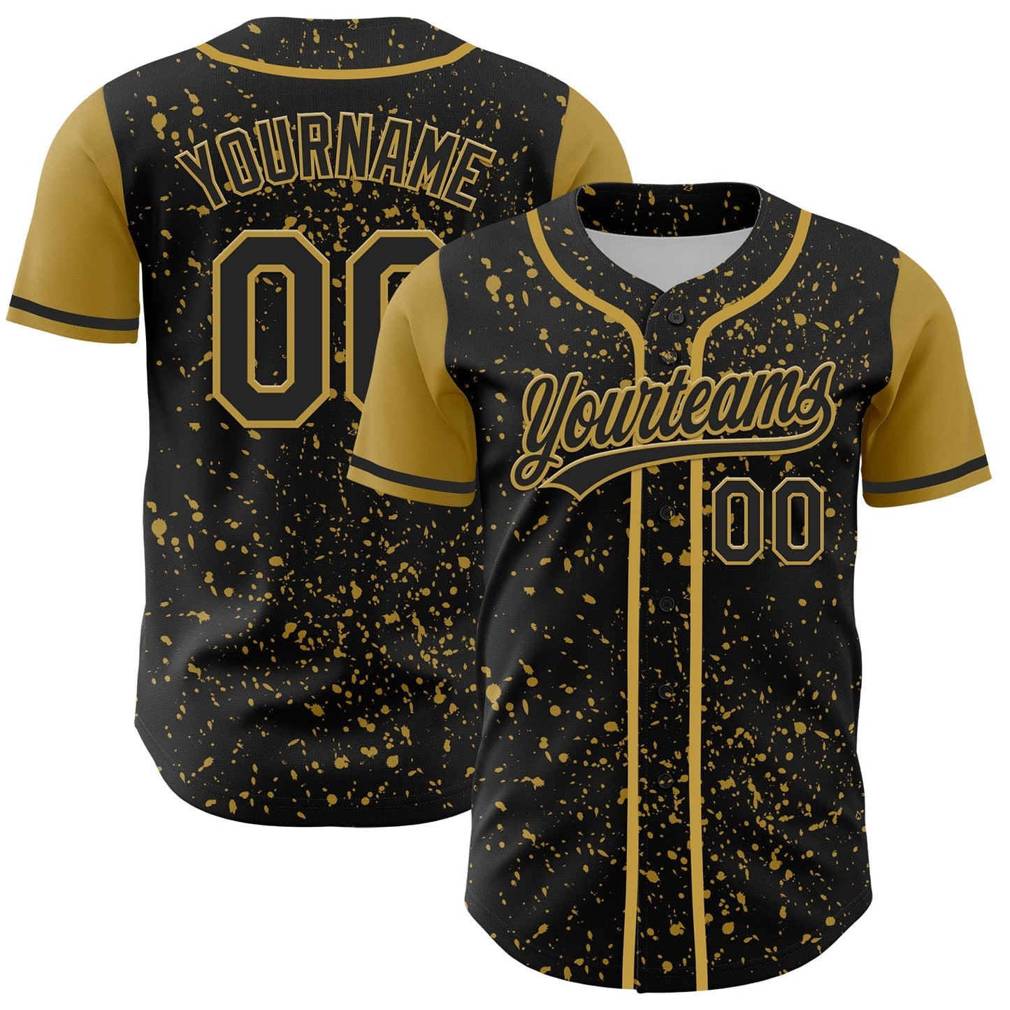 Custom Black Old Gold 3D Pattern Design Abstract Splatter Ink Authentic Baseball Jersey baseball jersey product view 1