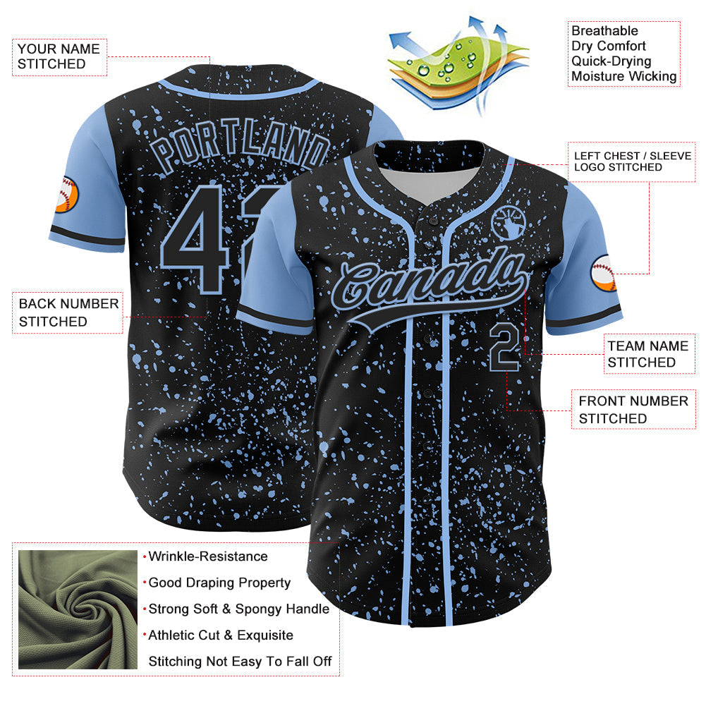 Custom Black Light Blue 3D Pattern Design Abstract Splatter Ink Authentic Baseball Jersey baseball jersey product view 3