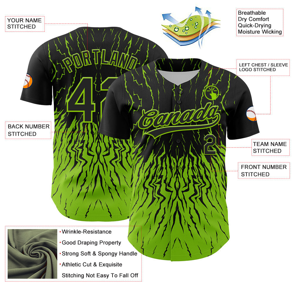 Custom Black Neon Green 3D Pattern Design Abstract Wave Authentic Baseball Jersey baseball jersey product view 3