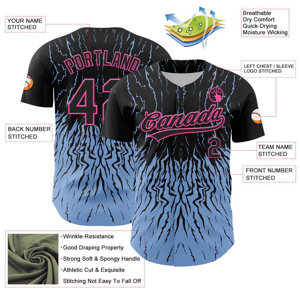Custom Black Light Blue-Pink 3D Pattern Design Abstract Wave Authentic Baseball Jersey baseball jersey product view 3