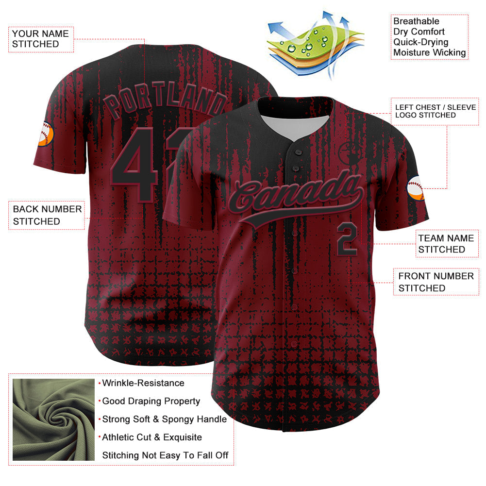 Custom Crimson Black 3D Pattern Design Abstract Shape Authentic Baseball Jersey baseball jersey product view 3