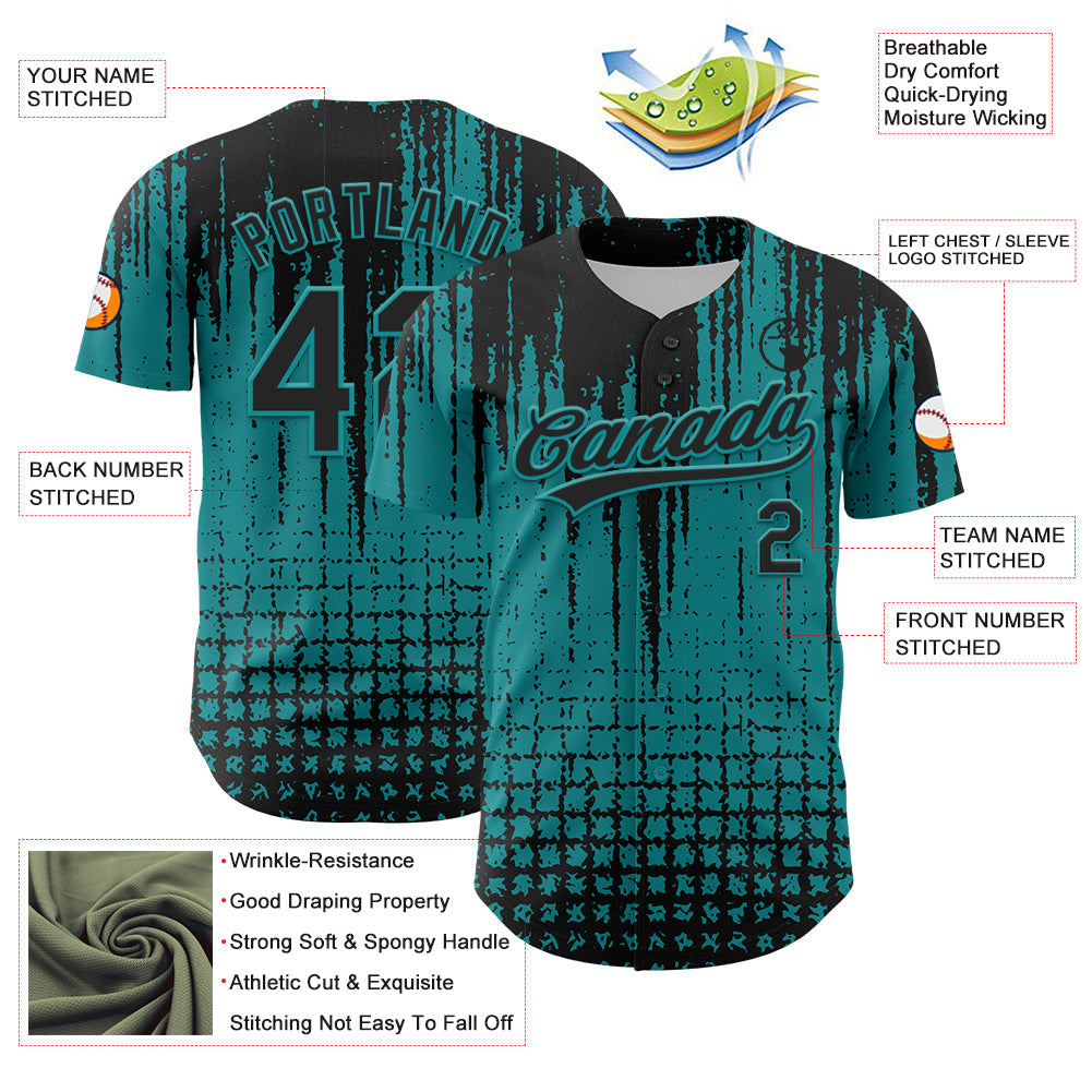 Custom Teal Black 3D Pattern Design Abstract Shape Authentic Baseball Jersey baseball jersey product view 3
