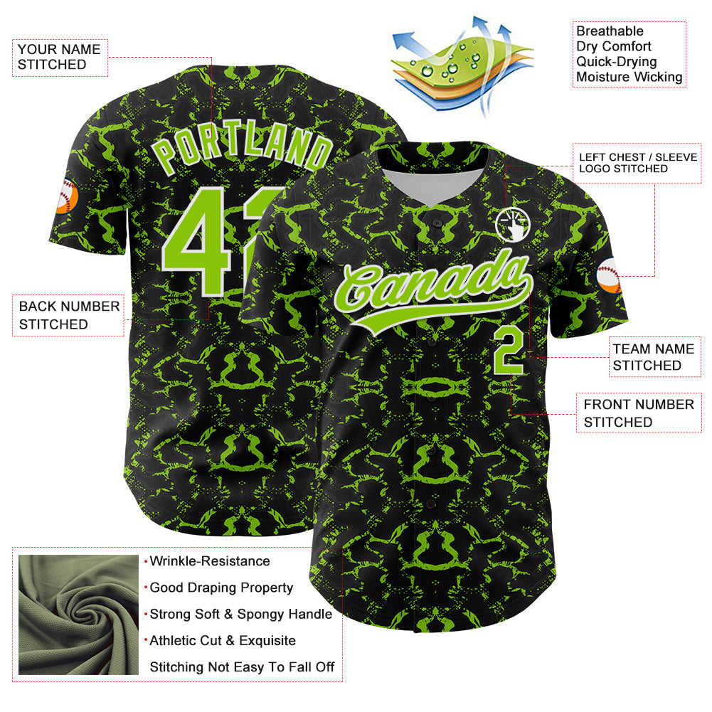 Custom Black Neon Green-White 3D Pattern Design Abstract Tiger And Zebra Authentic Baseball Jersey baseball jersey product view 3