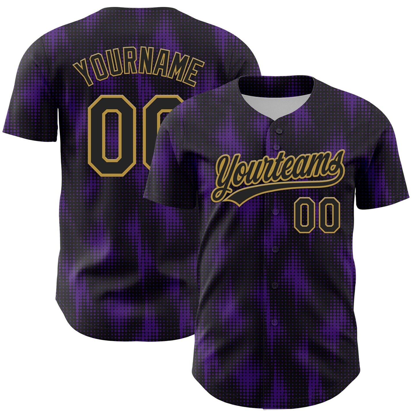 Custom Black Purple-Old Gold 3D Pattern Design Halftone Dots Authentic Baseball Jersey baseball jersey product view 1