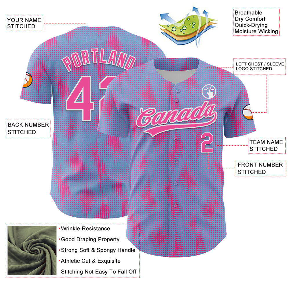 Custom Light Blue Pink-White 3D Pattern Design Halftone Dots Authentic Baseball Jersey baseball jersey product view 3