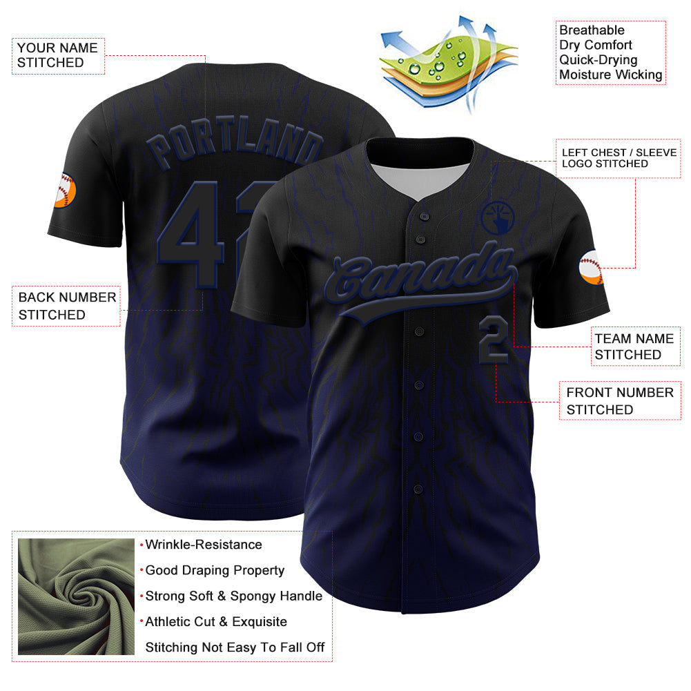 Custom Black Navy 3D Pattern Design Abstract Wave Authentic Baseball Jersey baseball jersey product view 3