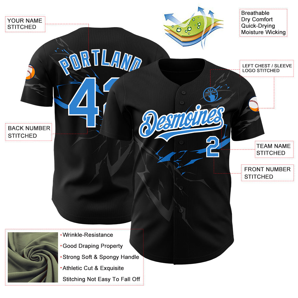Custom Black Electric Blue-White 3D Pattern Design Lightning Authentic Baseball Jersey baseball jersey product view 3