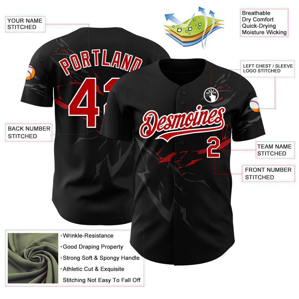 Custom Black Red-White 3D Pattern Design Lightning Authentic Baseball Jersey baseball jersey product view 3