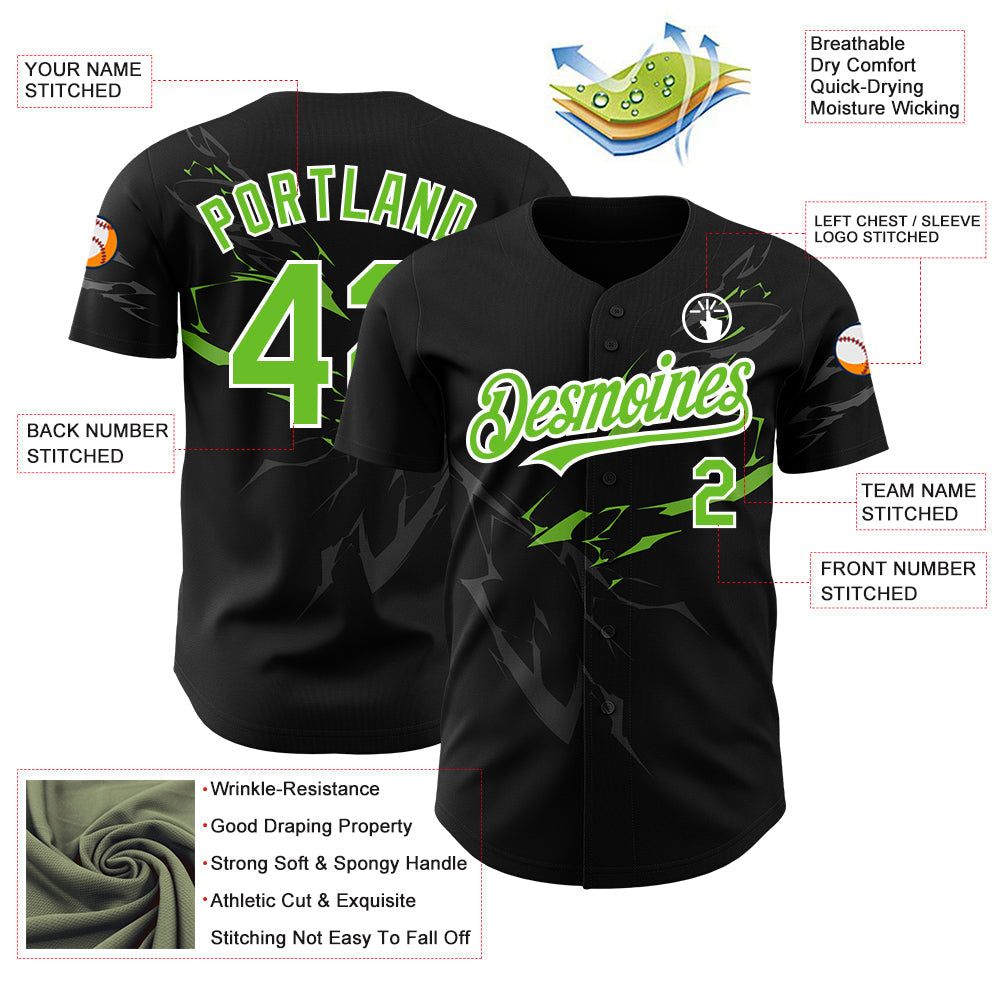 Custom Black Neon Green-White 3D Pattern Design Lightning Authentic Baseball Jersey baseball jersey product view 3