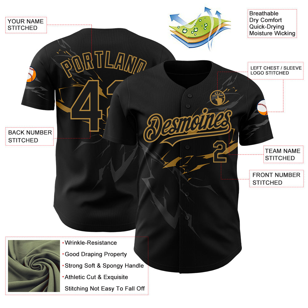 Custom Black Old Gold 3D Pattern Design Lightning Authentic Baseball Jersey baseball jersey product view 3
