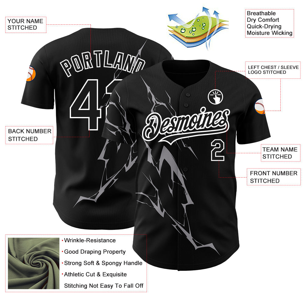 Custom Black Gray-White 3D Pattern Design Lightning Authentic Baseball Jersey baseball jersey product view 3