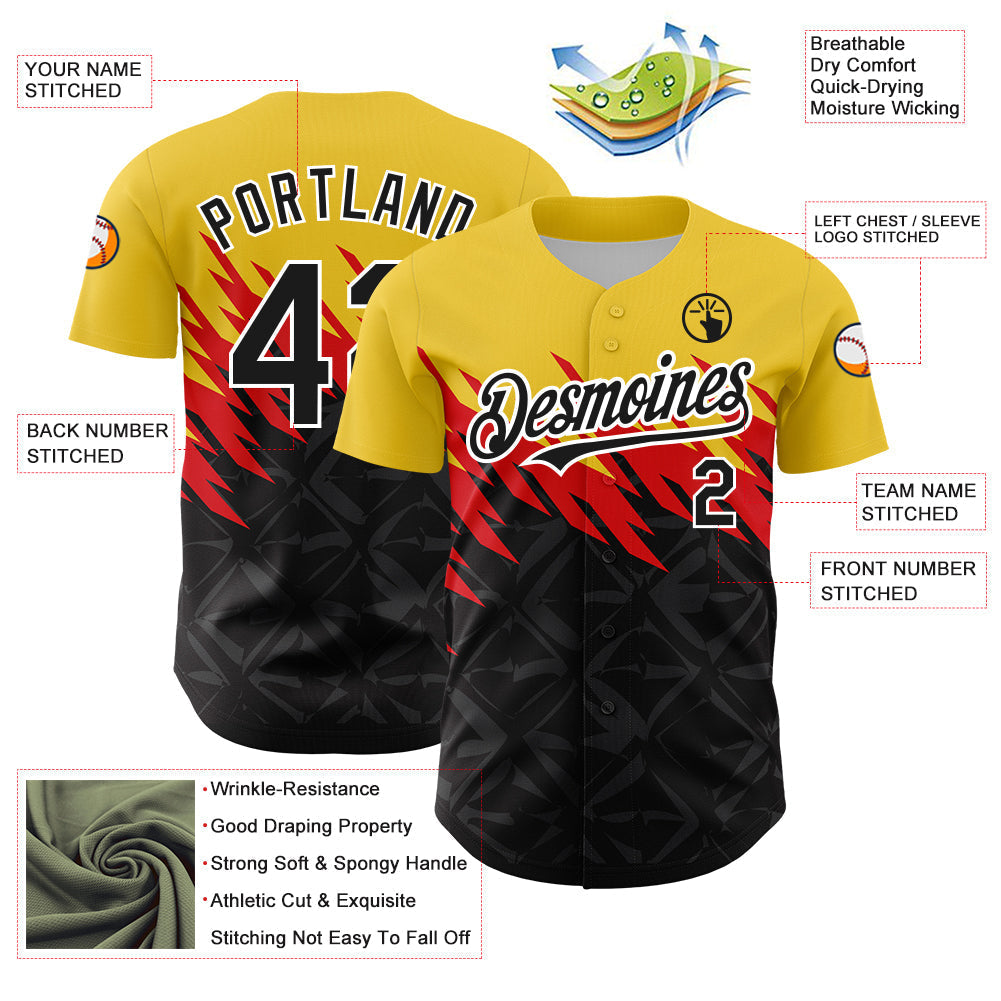 Custom Yellow Black-White 3D Pattern Design Abstract Shape Authentic Baseball Jersey baseball jersey product view 3