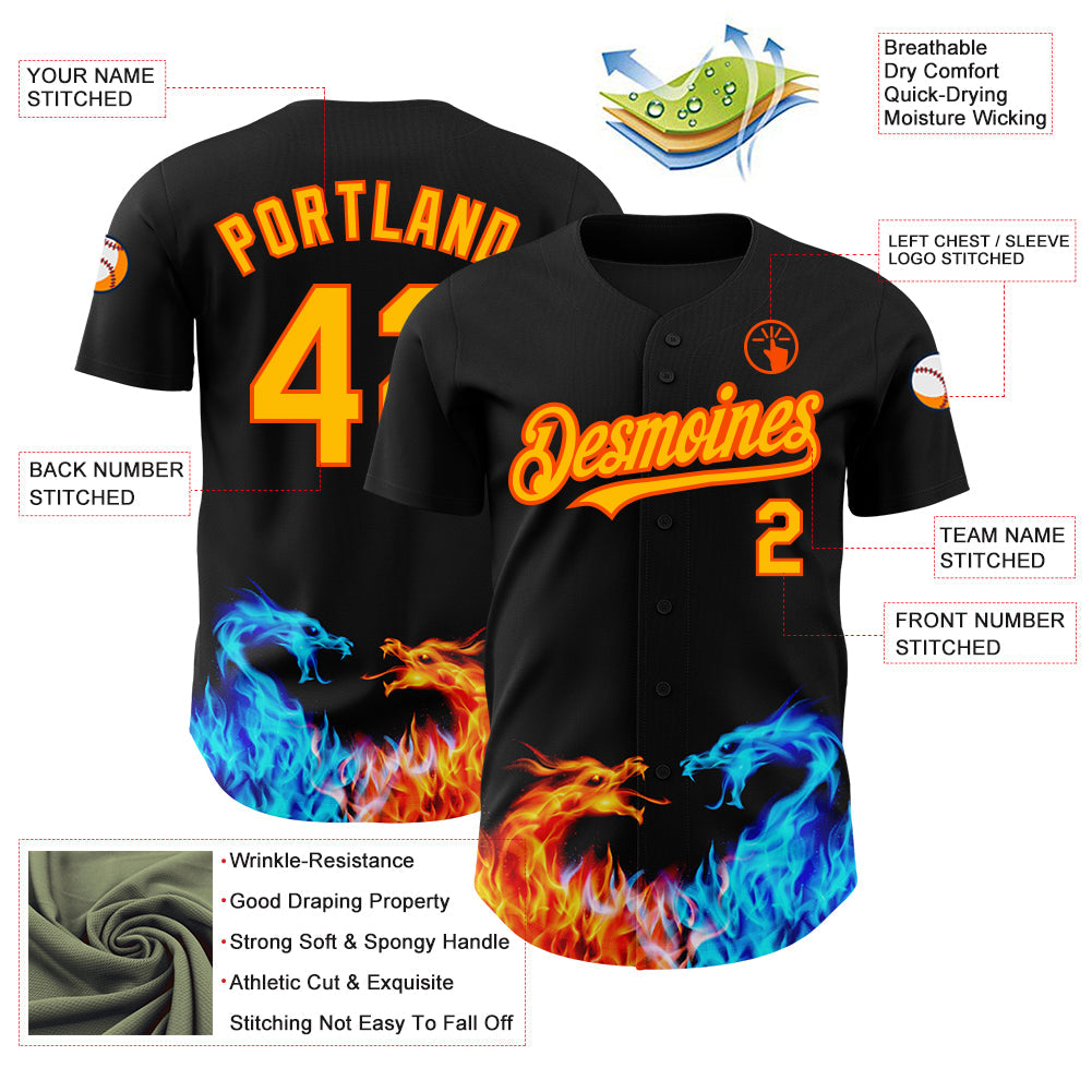 Custom Black Yellow-Orange 3D Pattern Design Fire Dragon Authentic Baseball Jersey baseball jersey product view 3