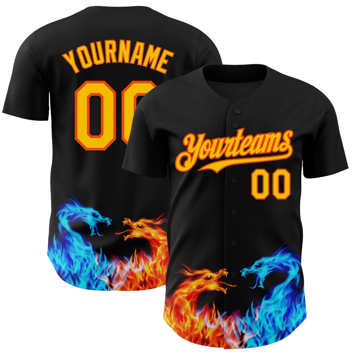 Custom Black Yellow-Orange 3D Pattern Design Fire Dragon Authentic Baseball Jersey baseball jersey product view 1