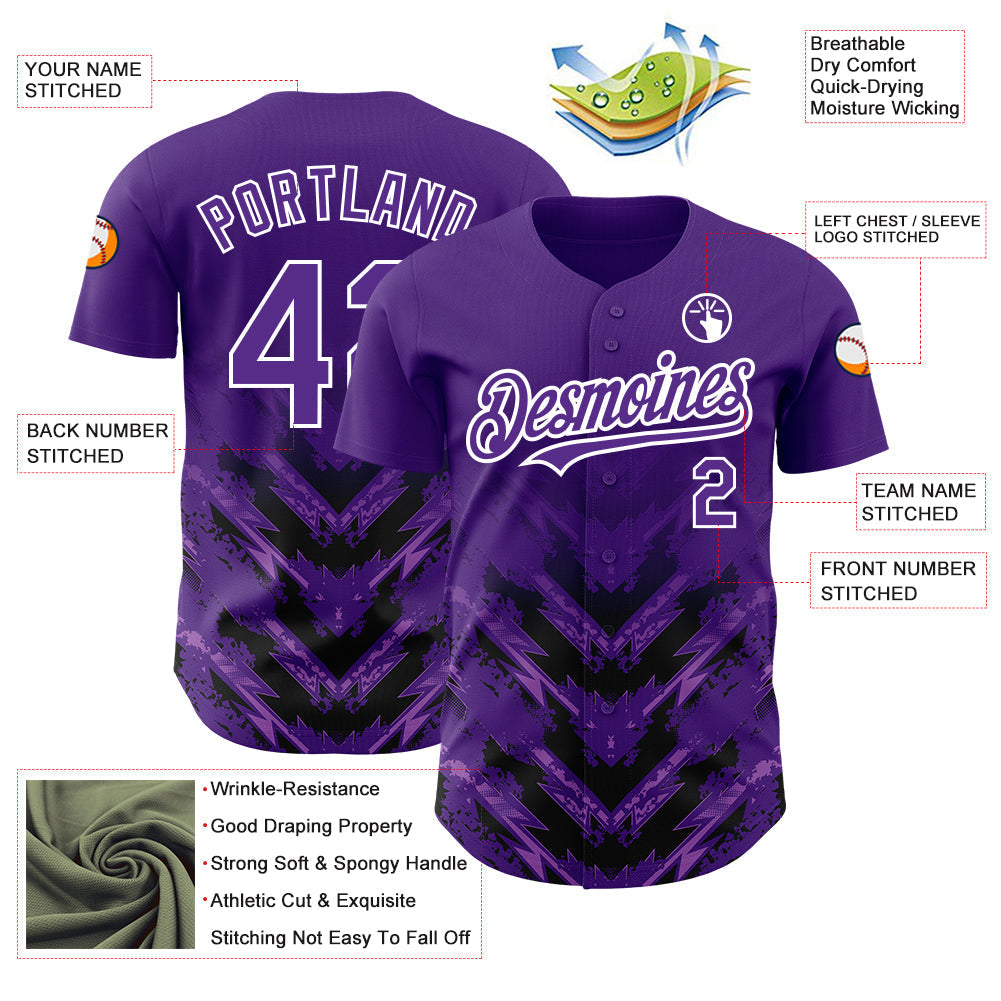 Custom Purple Black-White 3D Pattern Design Abstract Arrow Authentic Baseball Jersey baseball jersey product view 3