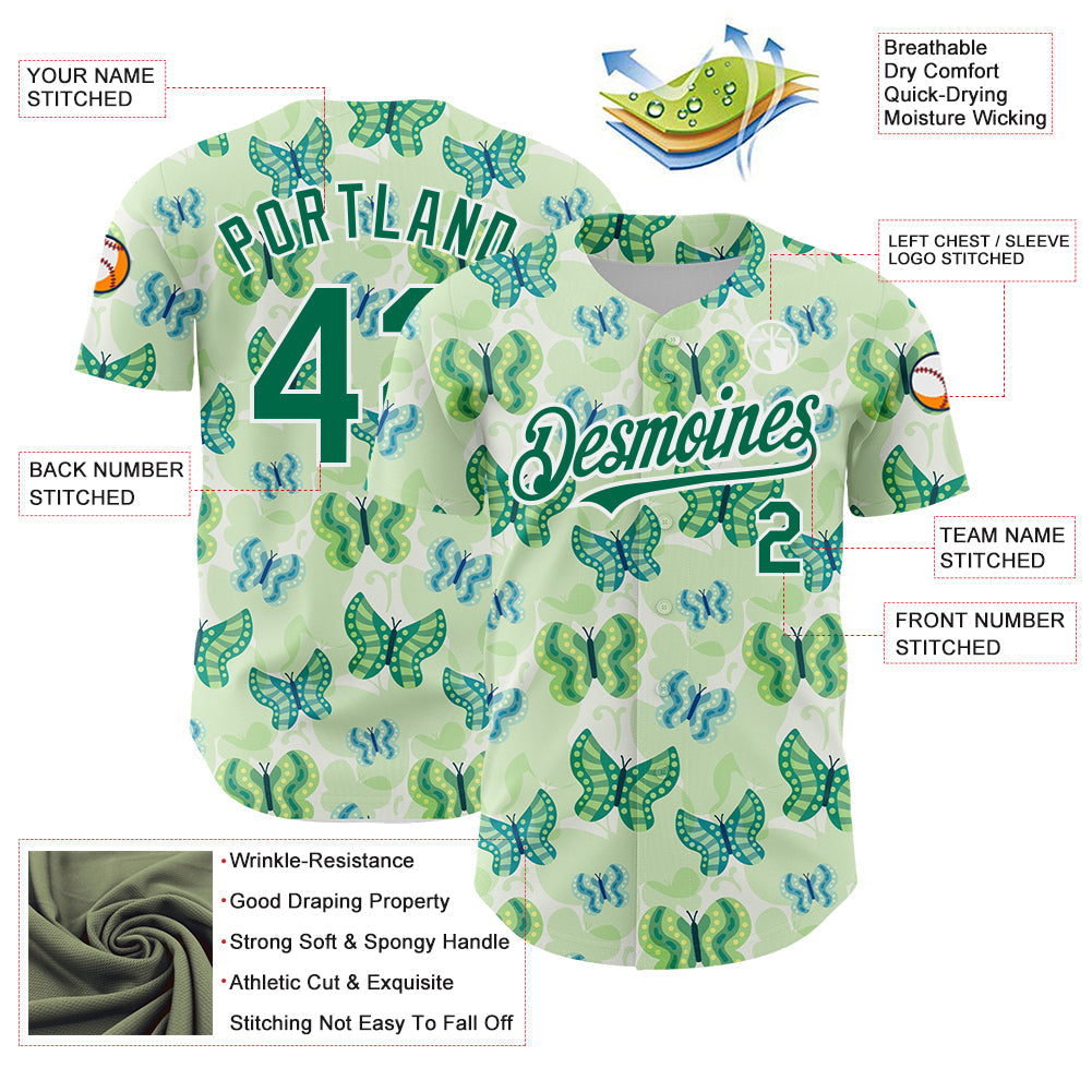 Custom White Kelly Green 3D Pattern Design Animal Butterfly Authentic Baseball Jersey baseball jersey product view 3