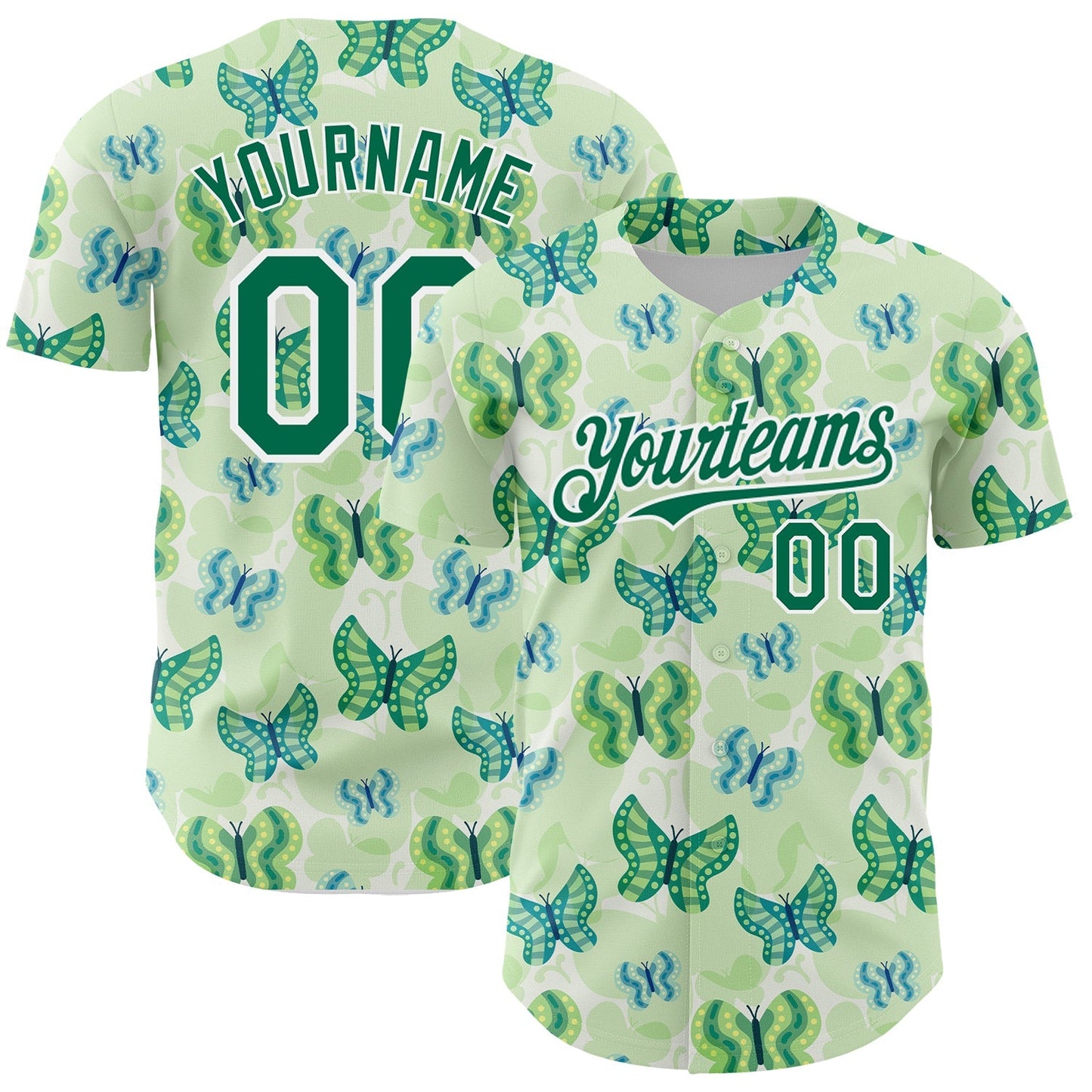 Custom White Kelly Green 3D Pattern Design Animal Butterfly Authentic Baseball Jersey baseball jersey product view 1
