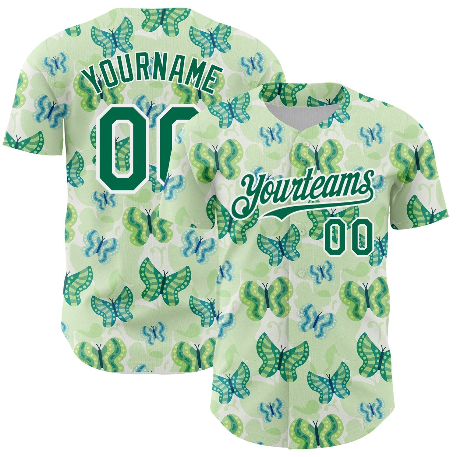 Custom White Kelly Green 3D Pattern Design Animal Butterfly Authentic Baseball Jersey baseball jersey product view 1