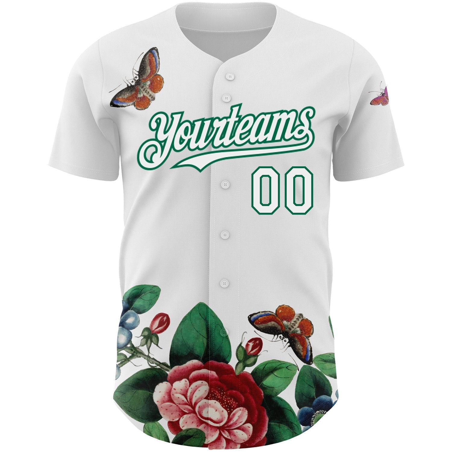Custom White Kelly Green 3D Pattern Design Animal Butterfly And Flower Authentic Baseball Jersey baseball jersey product view 2