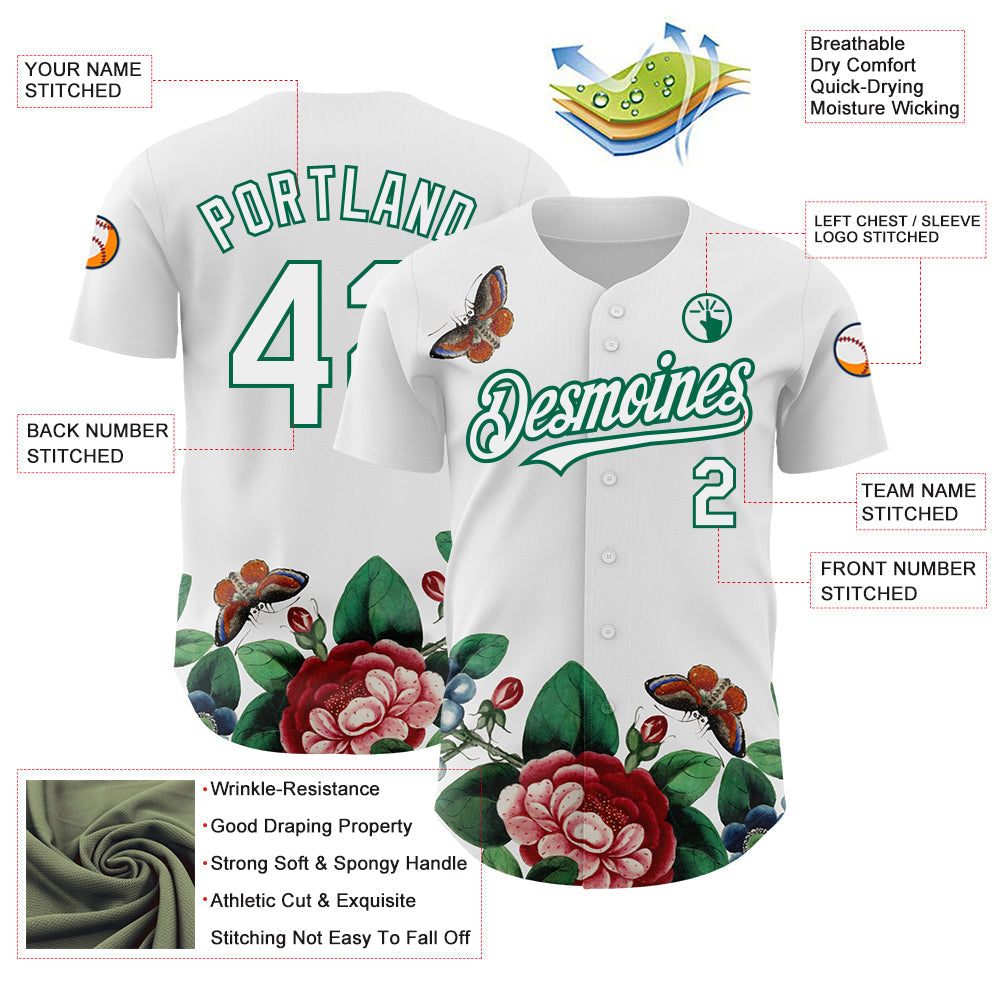 Custom White Kelly Green 3D Pattern Design Animal Butterfly And Flower Authentic Baseball Jersey baseball jersey product view 3