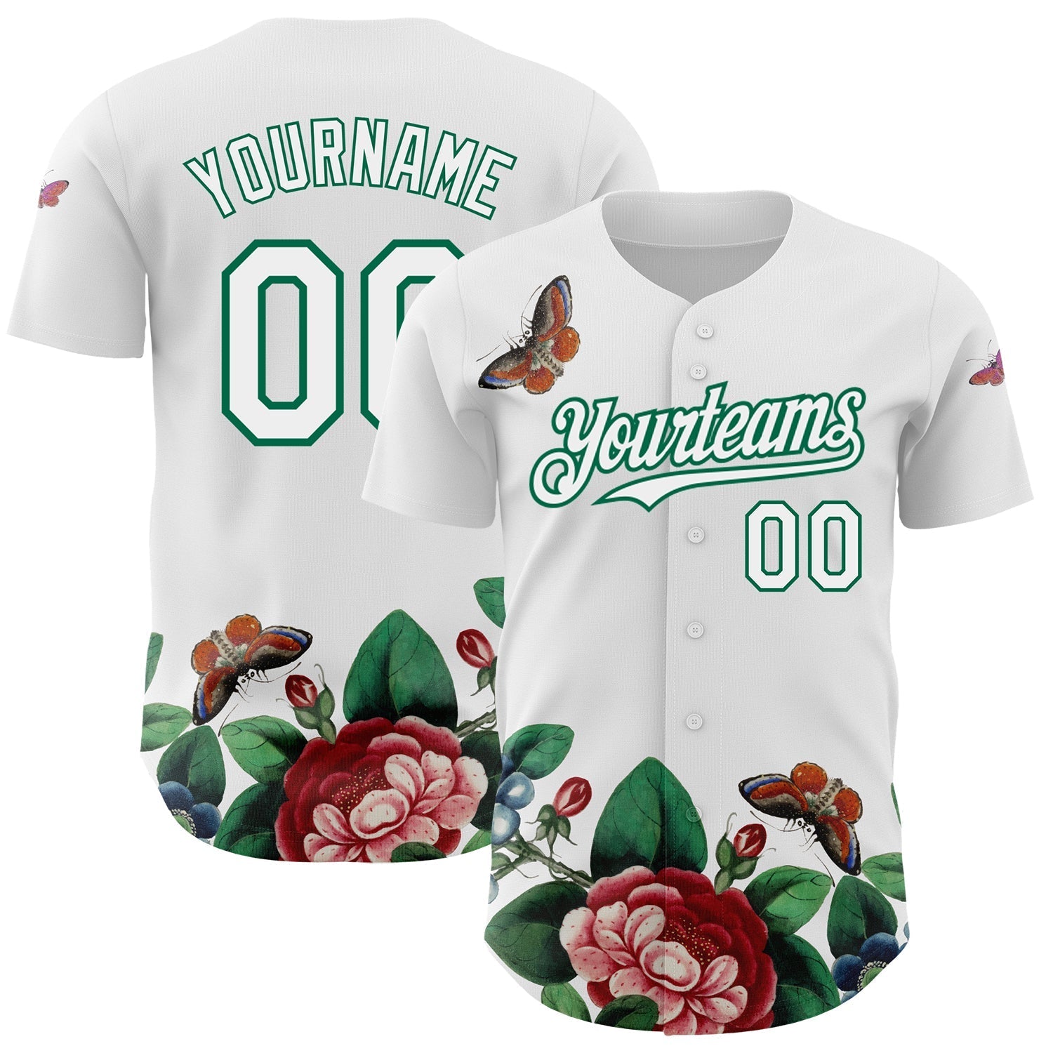 Custom White Kelly Green 3D Pattern Design Animal Butterfly And Flower Authentic Baseball Jersey baseball jersey product view 1