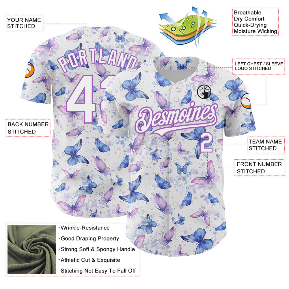 Custom White Medium Purple 3D Pattern Design Animal Butterfly Authentic Baseball Jersey baseball jersey product view 3