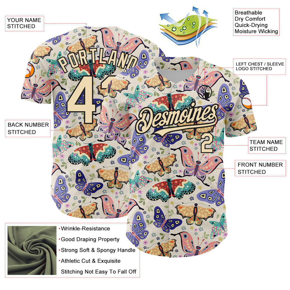 Custom Cream Black 3D Pattern Design Animal Butterfly Authentic Baseball Jersey baseball jersey product view 3