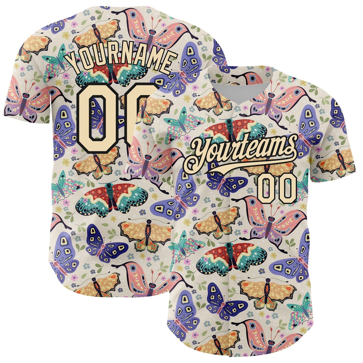 Custom Cream Black 3D Pattern Design Animal Butterfly Authentic Baseball Jersey baseball jersey product view 1