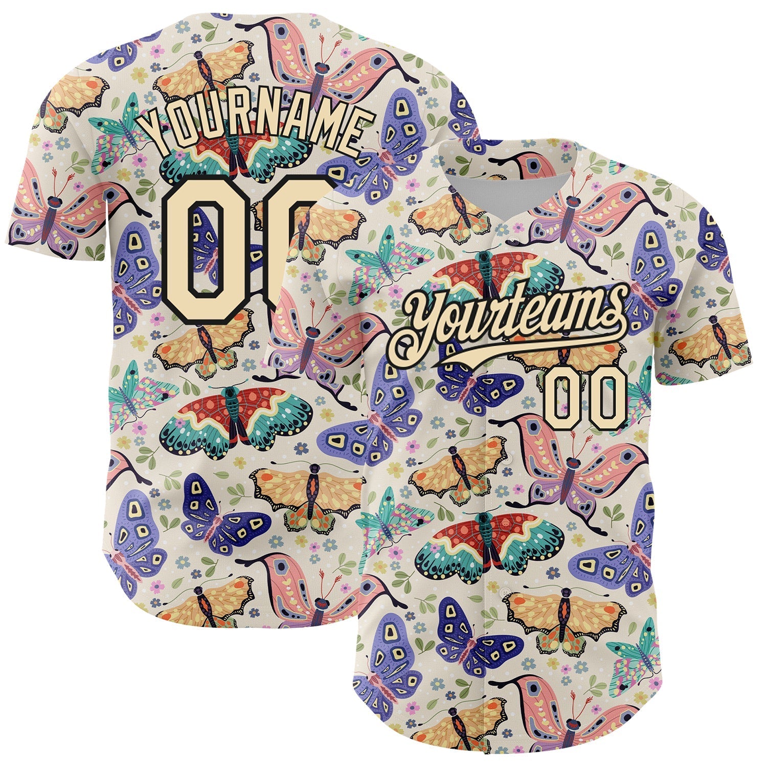 Custom Cream Black 3D Pattern Design Animal Butterfly Authentic Baseball Jersey baseball jersey product view 1