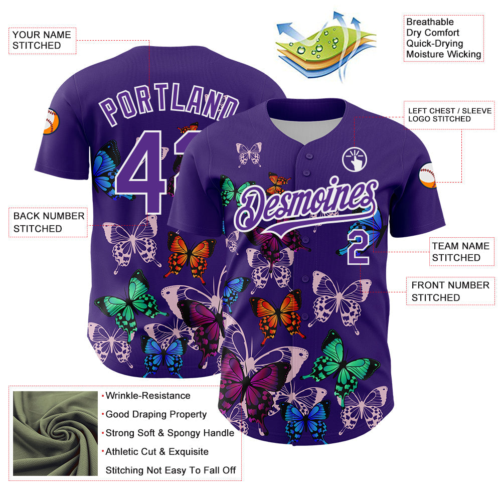 Custom Purple White 3D Pattern Design Animal Butterfly Authentic Baseball Jersey baseball jersey product view 3