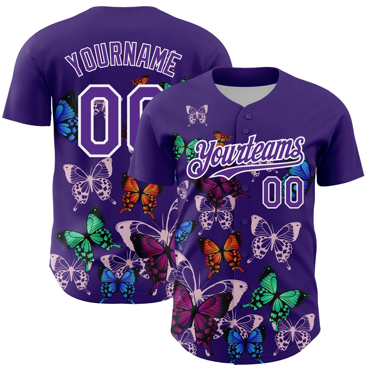 Custom Purple White 3D Pattern Design Animal Butterfly Authentic Baseball Jersey baseball jersey product view 1