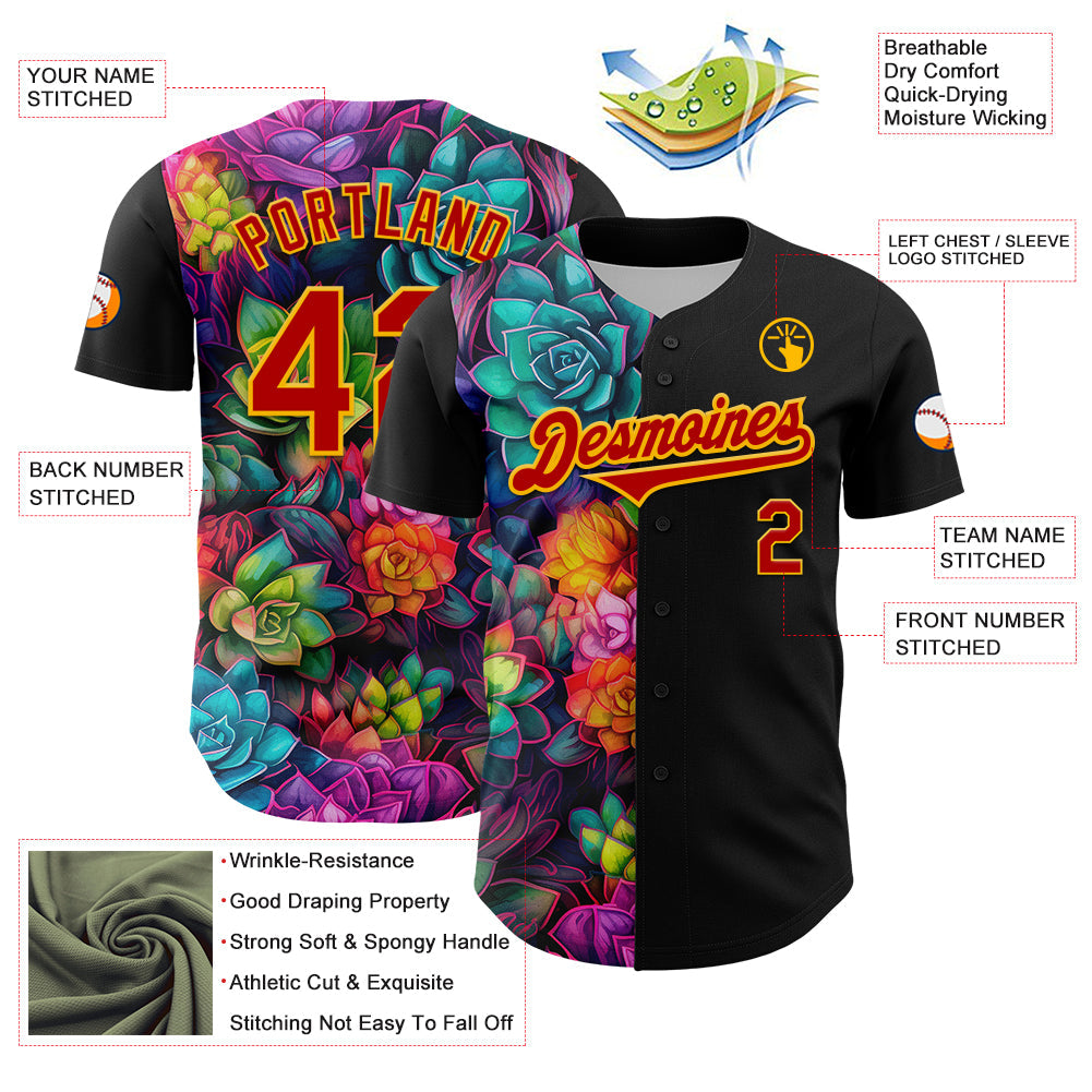 Custom Black Red-Gold 3D Pattern Design Rave Flower Authentic Baseball Jersey baseball jersey product view 3