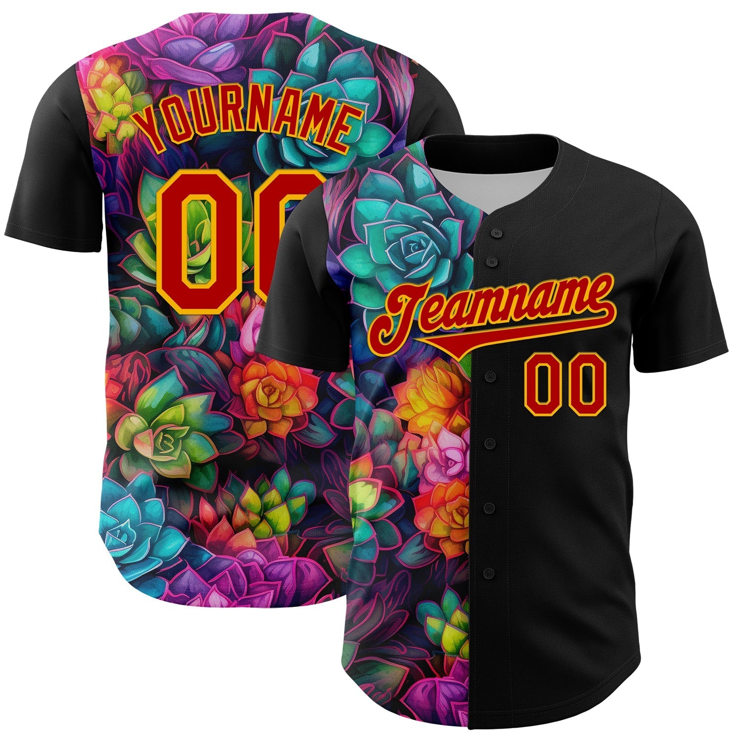 Custom Black Red-Gold 3D Pattern Design Rave Flower Authentic Baseball Jersey baseball jersey product view 1