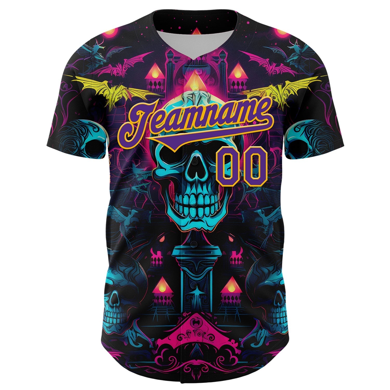 Custom Black Purple-Gold 3D Pattern Design Rave Skull Authentic Baseball Jersey baseball jersey product view 2