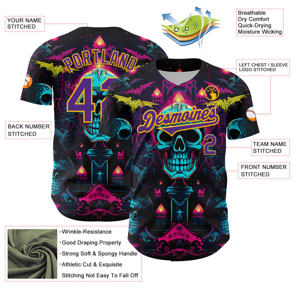 Custom Black Purple-Gold 3D Pattern Design Rave Skull Authentic Baseball Jersey baseball jersey product view 3